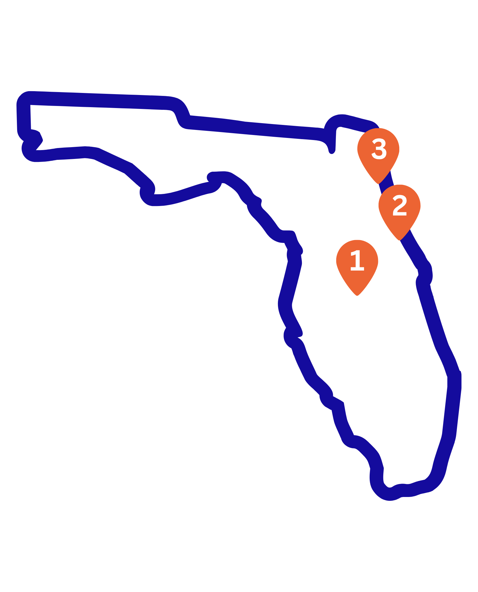 Colorful map of California with numbered markers 1, 2, and 3 indicating specific locations.