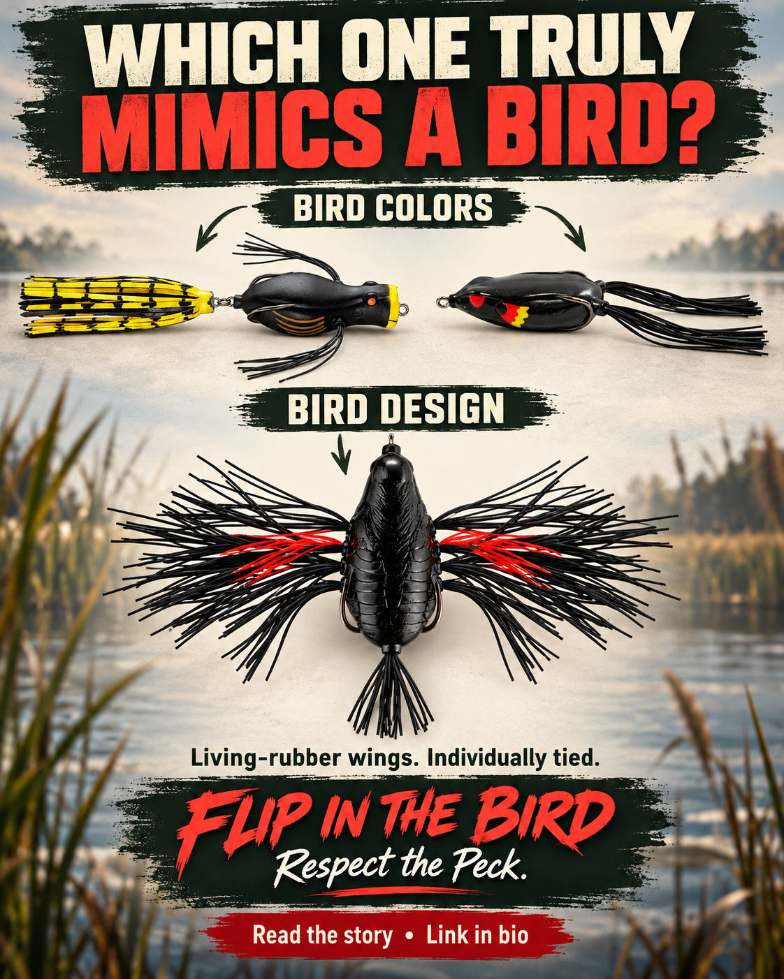 Two bird-colored frog lures compared with a Flip In The Bird topwater lure with spread living-rubber wings.