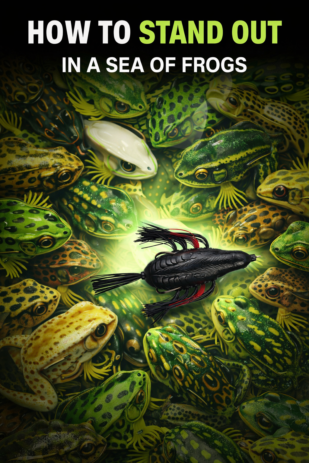 A collection of colorful frogs surrounding a black, fishing lure with red and black wires in the center, with the caption 'How to Stand Out in a Sea of Frogs'.