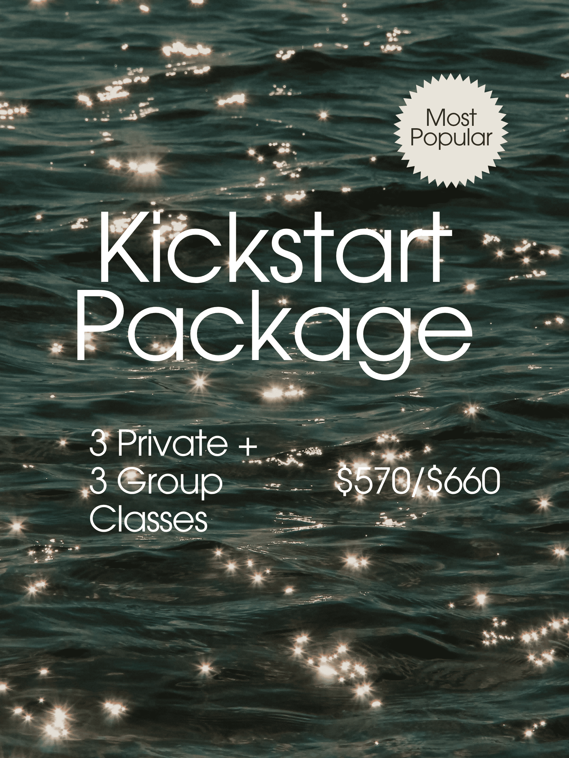Ad for Kickstart Package: Includes 3 private and 3 group Pilates classes, priced at $570/$660. Background shows ocean waves.