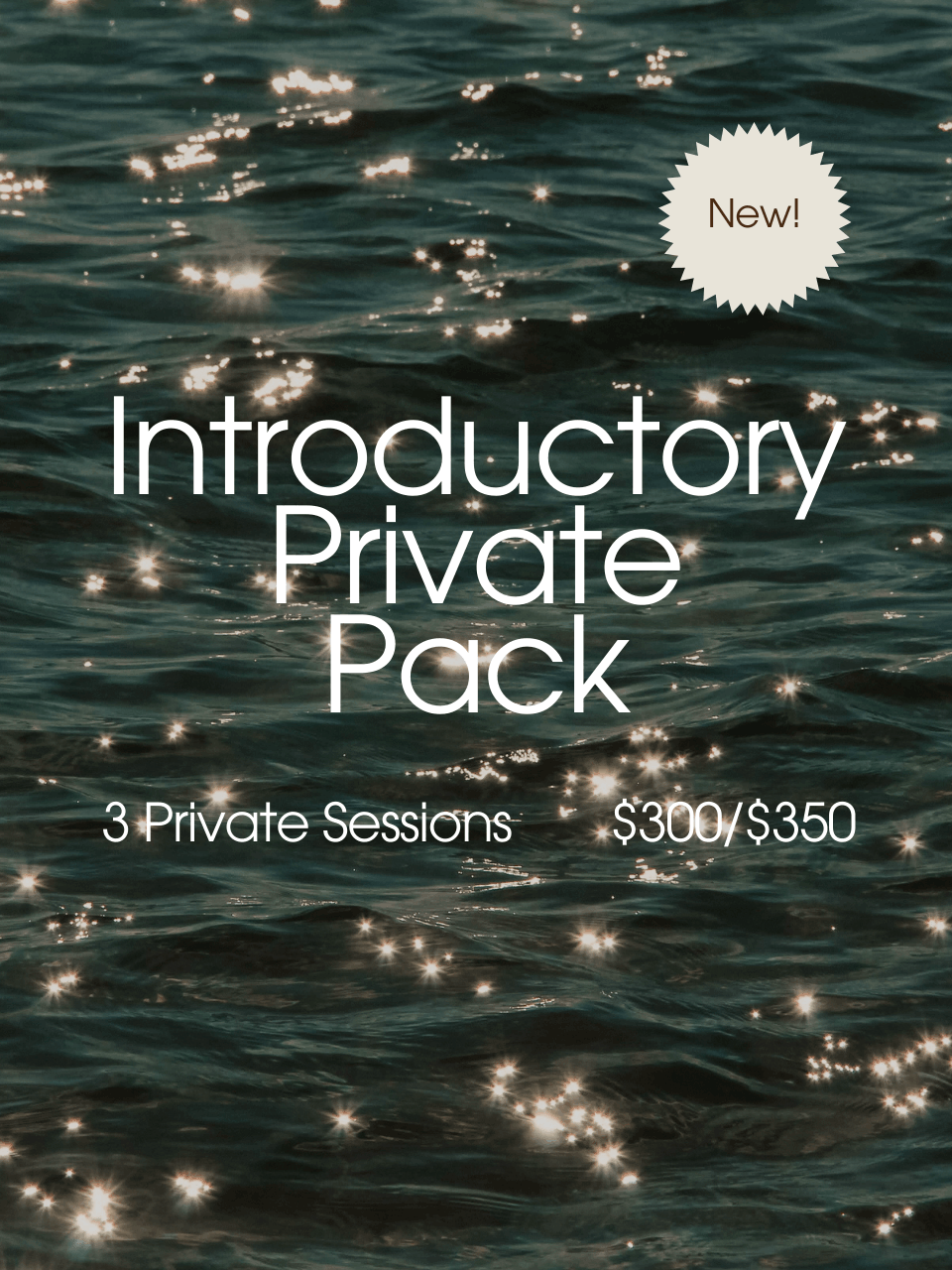 Promotional image for a Pilates "Introductory Package" featuring a water background