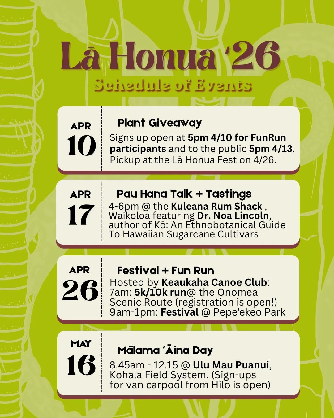 Our favorite month of the year is here! And we are excited to be collaborating with some amazing people and organisations. 

Mark the dates and come along for a sweet month(ish) celebrating our Island Home. 🌏

What is open now for signups? 
- 5k/10k