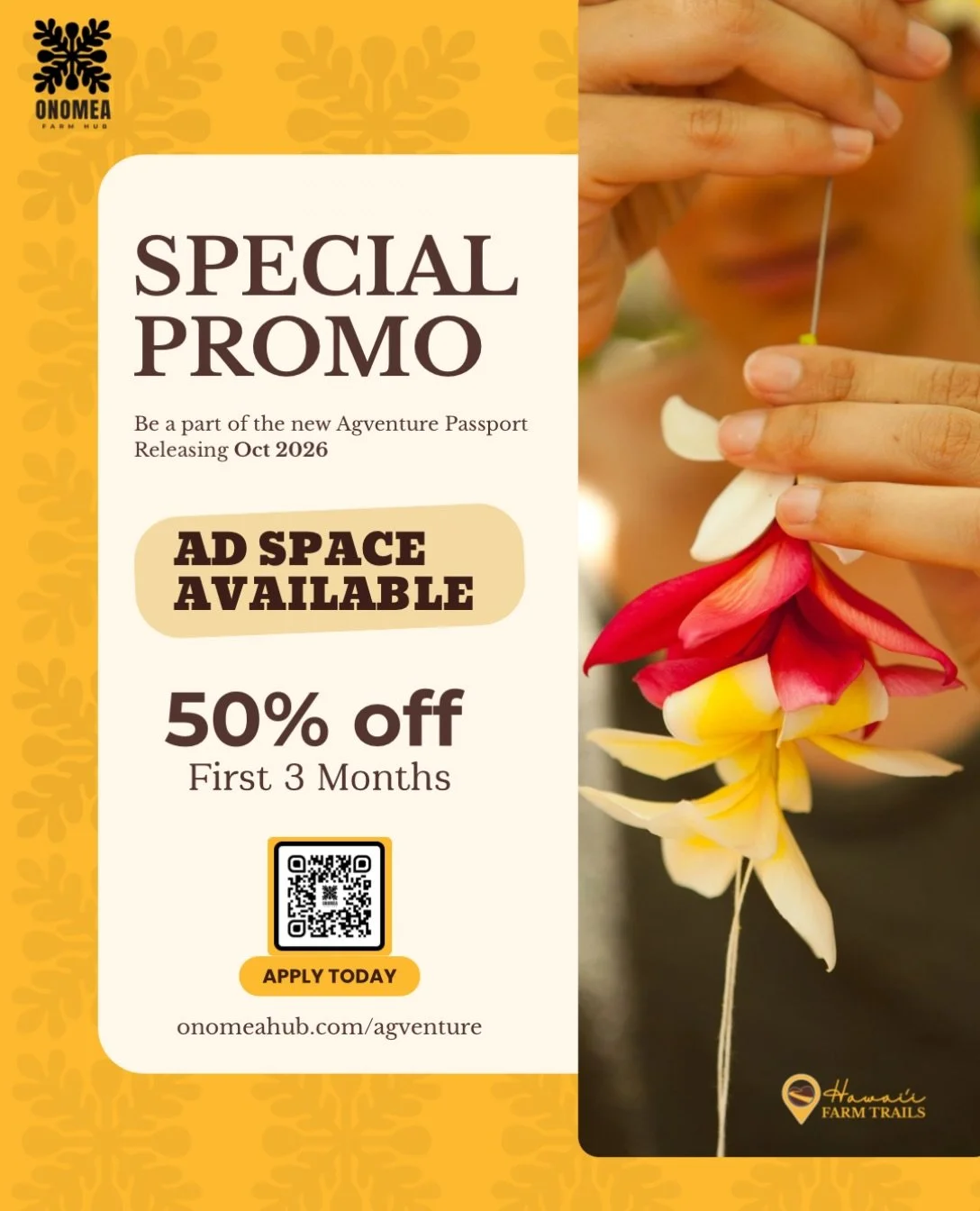 🌺 One more thing we wanted to share&hellip;

As we get ready to roll out the AgVenture Passport, we wanted to give a little extra back to those jumping in with us early.

So, we&rsquo;re offering 50% off your first 3 months of ad space. 🤙🏽

...jus