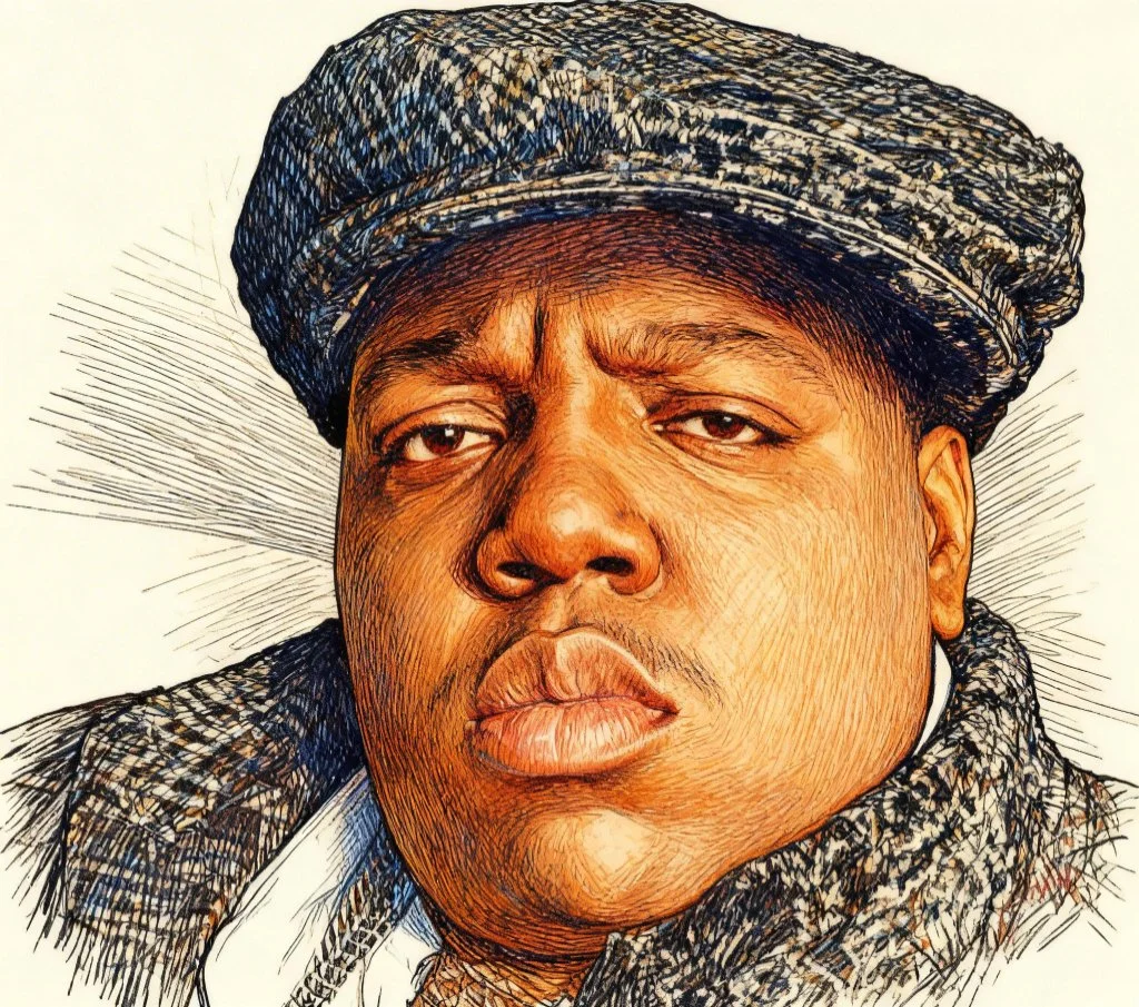 A digitally edited portrait of a man wearing a patterned headwrap and coat, with a serious expression, drawn with sketch lines and shading.