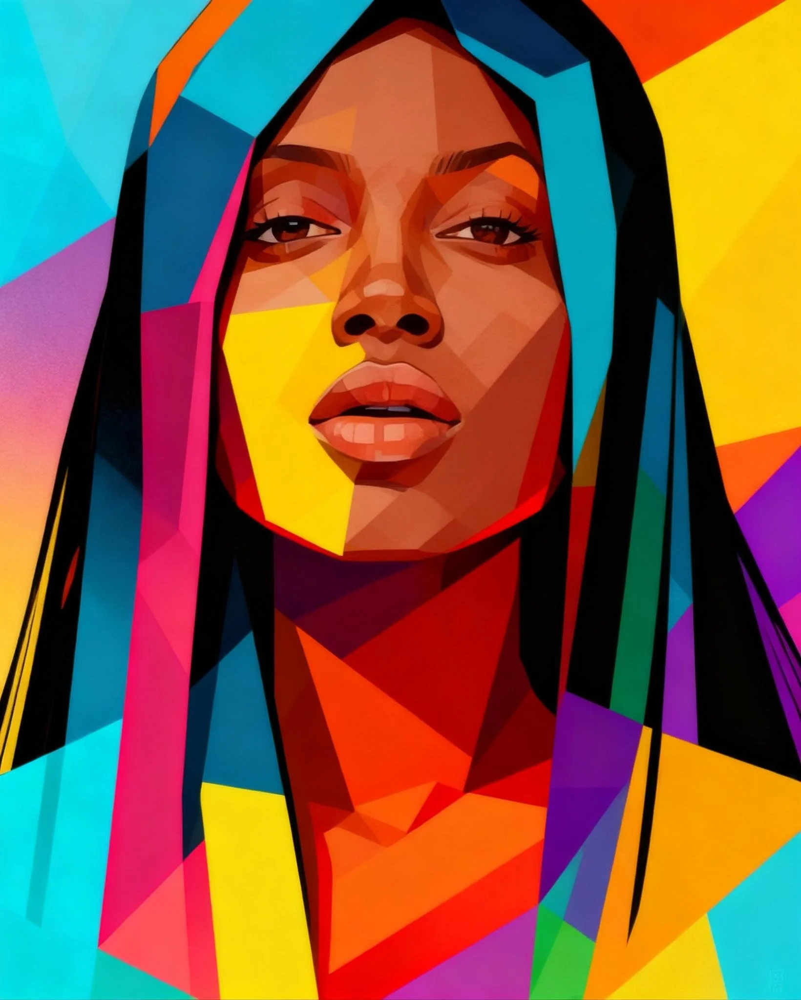 Colorful geometric portrait of a woman with long black hair.