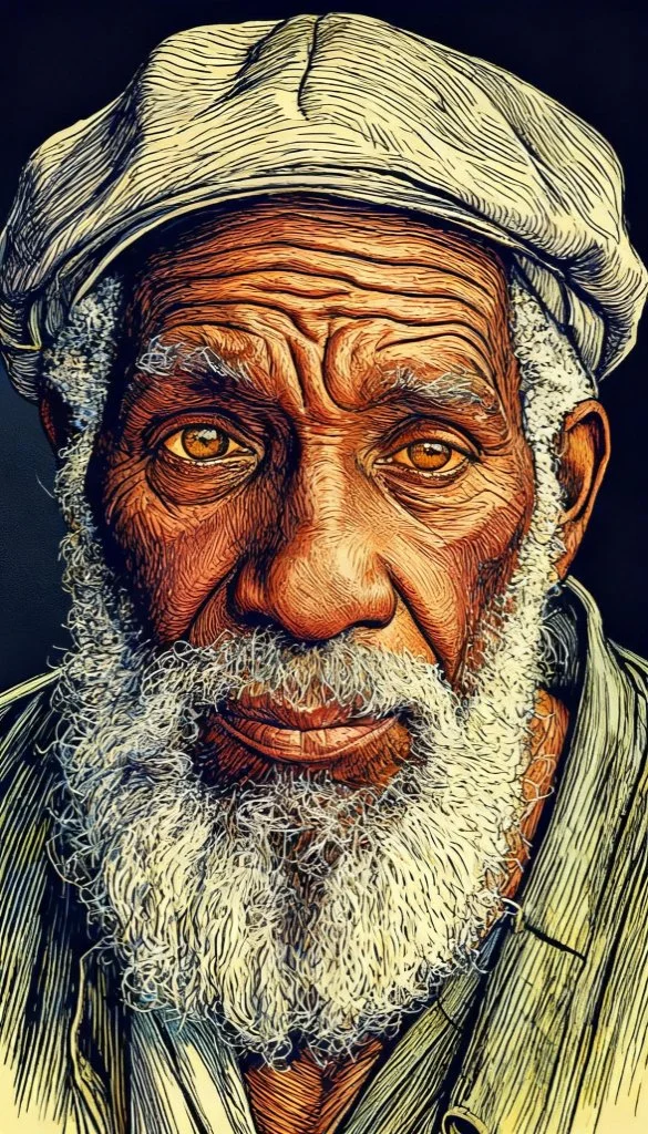 An artistic illustration of an elderly man with a white beard, wearing a headscarf and traditional clothing.