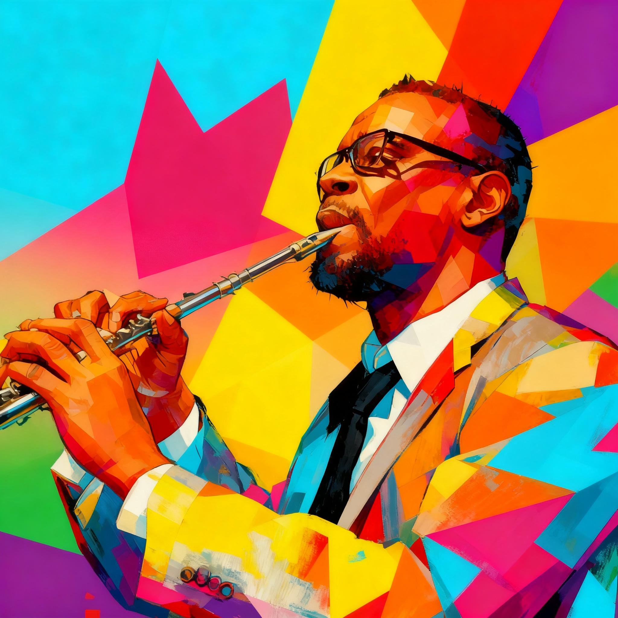 Colorful abstract digital painting of a man playing a flute, wearing glasses and a suit, with a vibrant geometric background.
