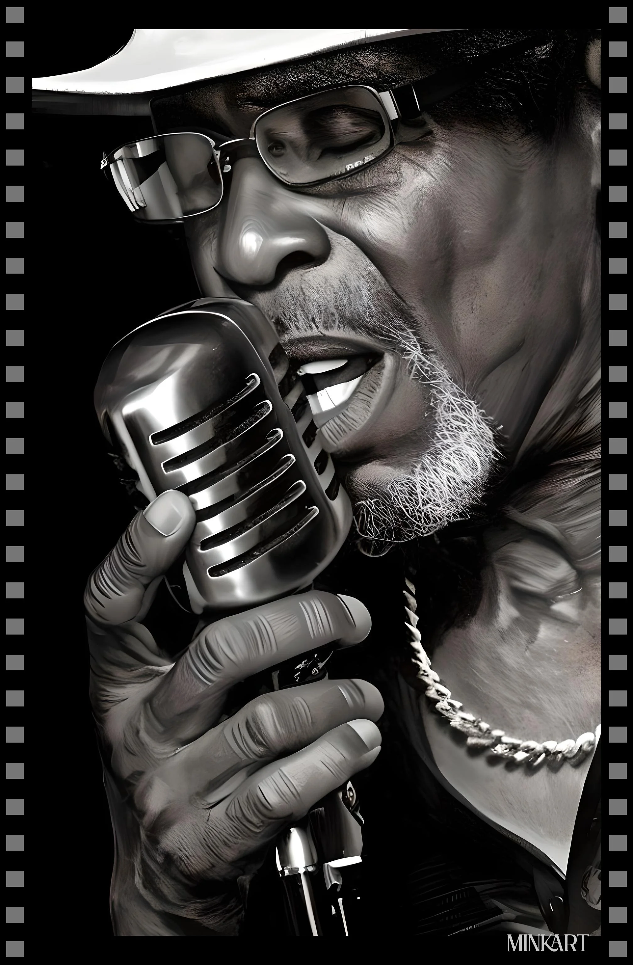 A black and white digital painting of a man singing into a vintage microphone. He is wearing glasses, a hat, and a chain necklace, with a white beard and mustache.