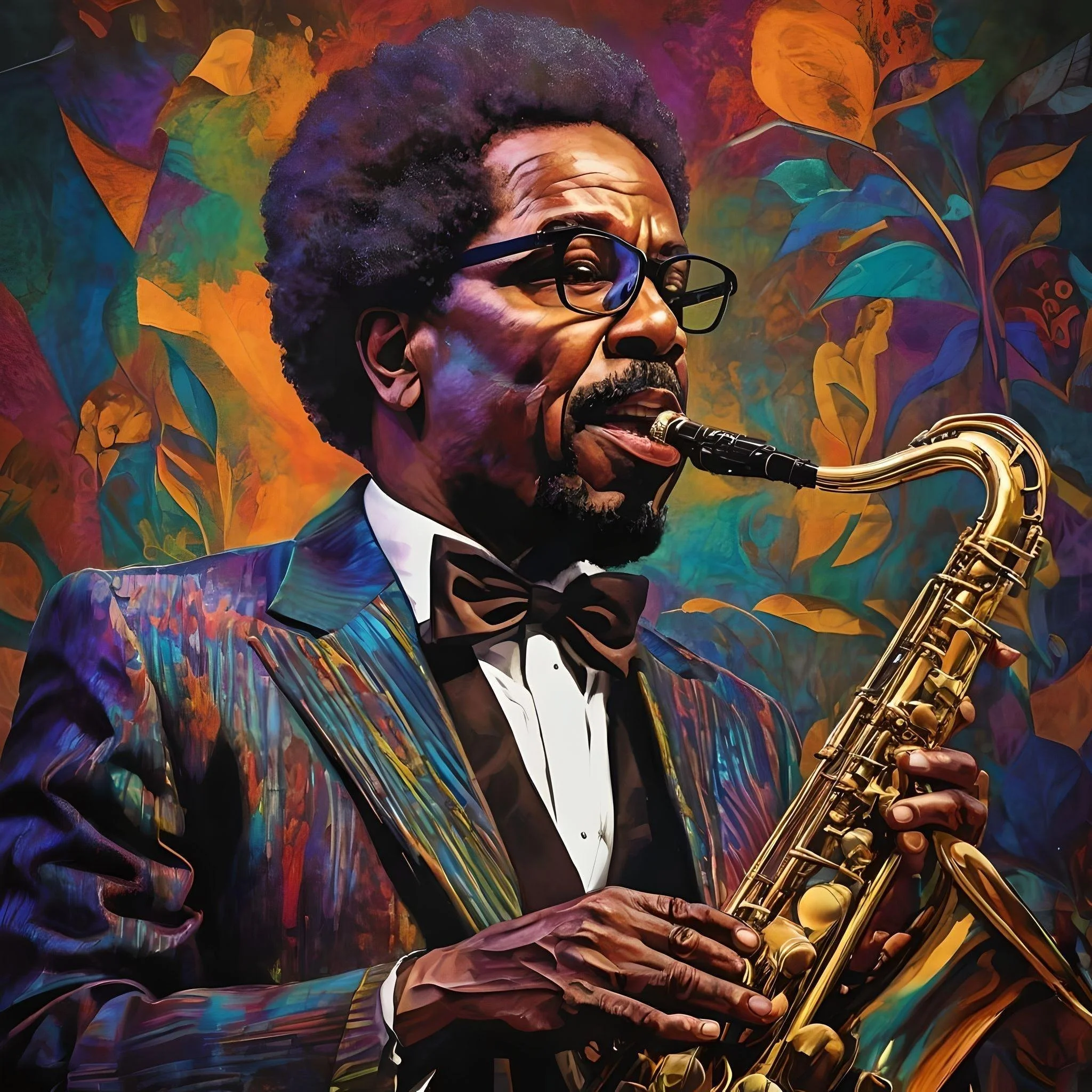 A digital painting of a man playing a saxophone, dressed in a colorful suit, wearing glasses and a bow tie, with a abstract vibrant background of flowers and leaves.