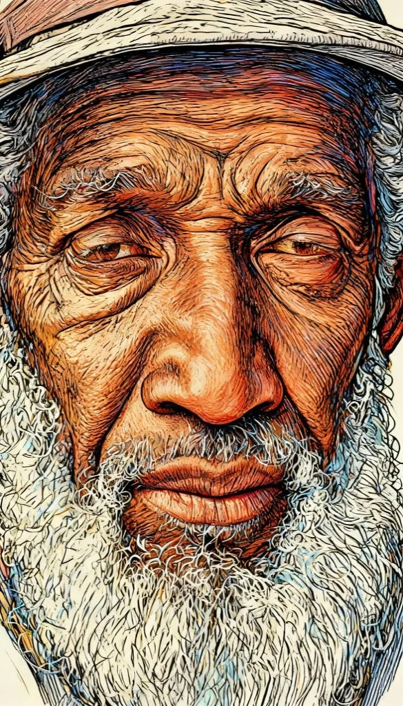 Close-up of an elderly man with a long white beard, deep wrinkles, and tan skin, wearing a white hat. Artistic stylized illustration.