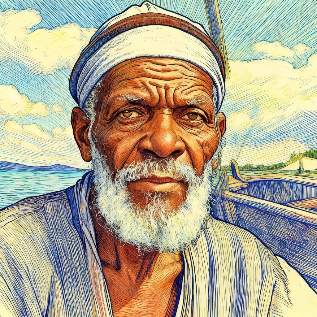 A digital illustration of an elderly man with a white beard, wearing a headscarf, standing near a body of water with a boat and a partly cloudy sky in the background.