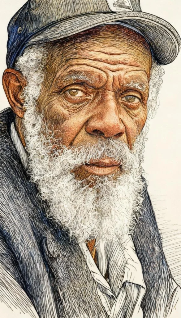 A detailed drawing of an elderly man with a white beard, wearing a gray cap and a dark vest over a white shirt, gazing directly at the viewer.