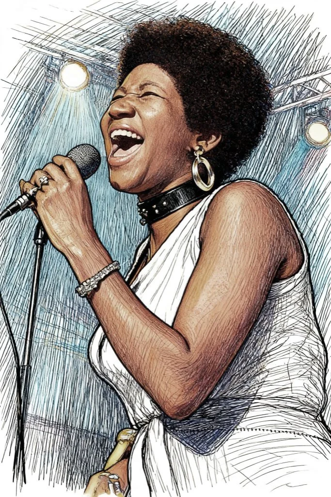 A Black woman with curly hair singing passionately into a microphone on stage, wearing a white sleeveless top, hoop earrings, and a choker necklace, with stage lights overhead.