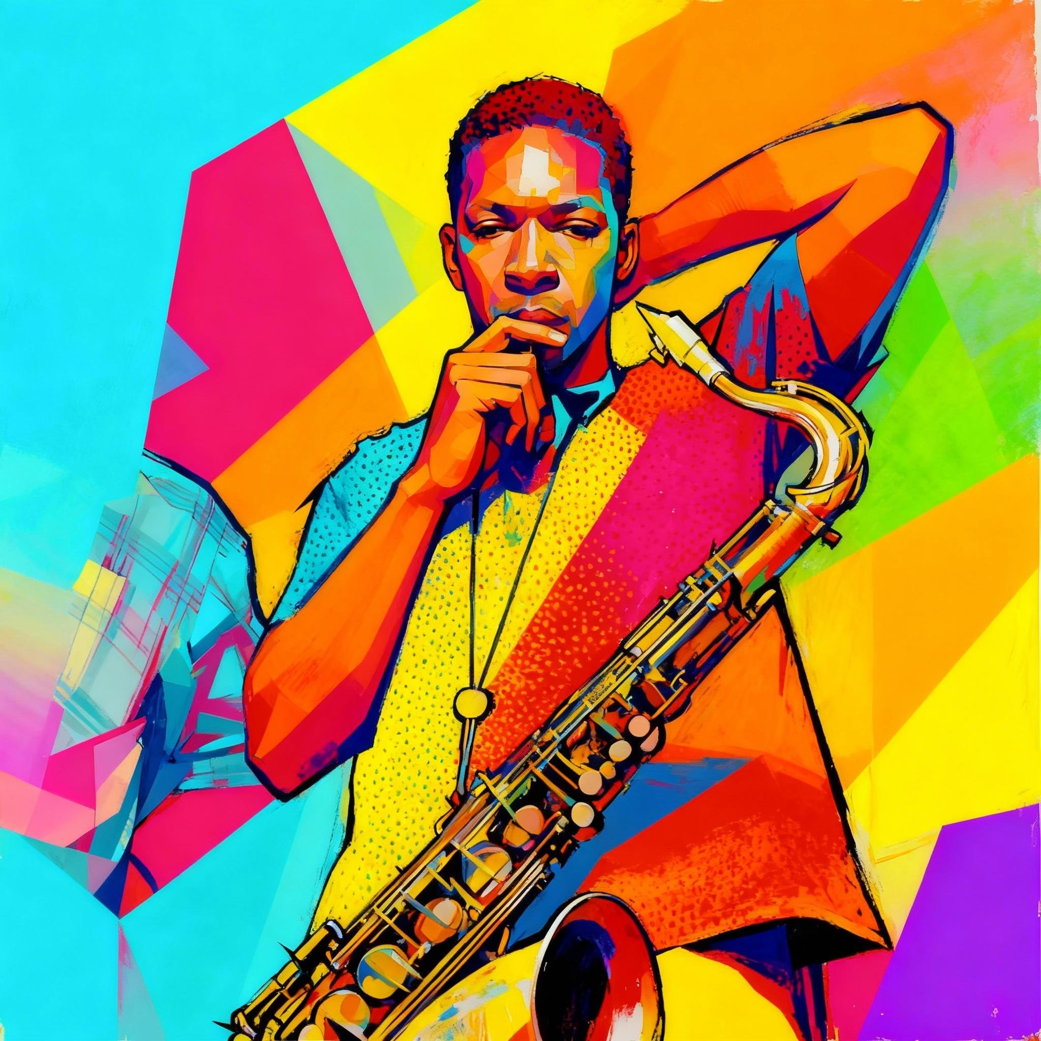 Colorful digital artwork of a man with a saxophone, wearing a yellow shirt and a necklace, with a thoughtful expression, set against a vibrant, geometric background.