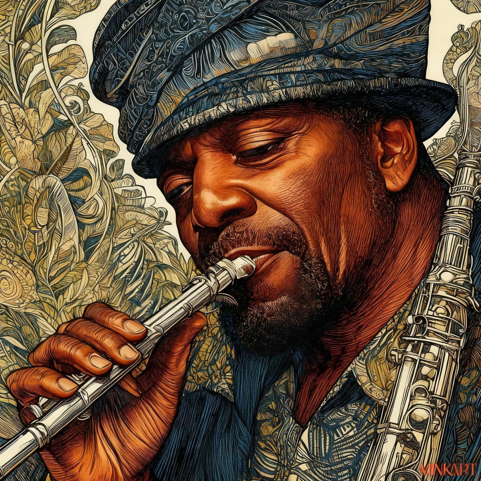 Illustration of a man wearing a hat playing a flute, with a background of abstract leafy patterns.