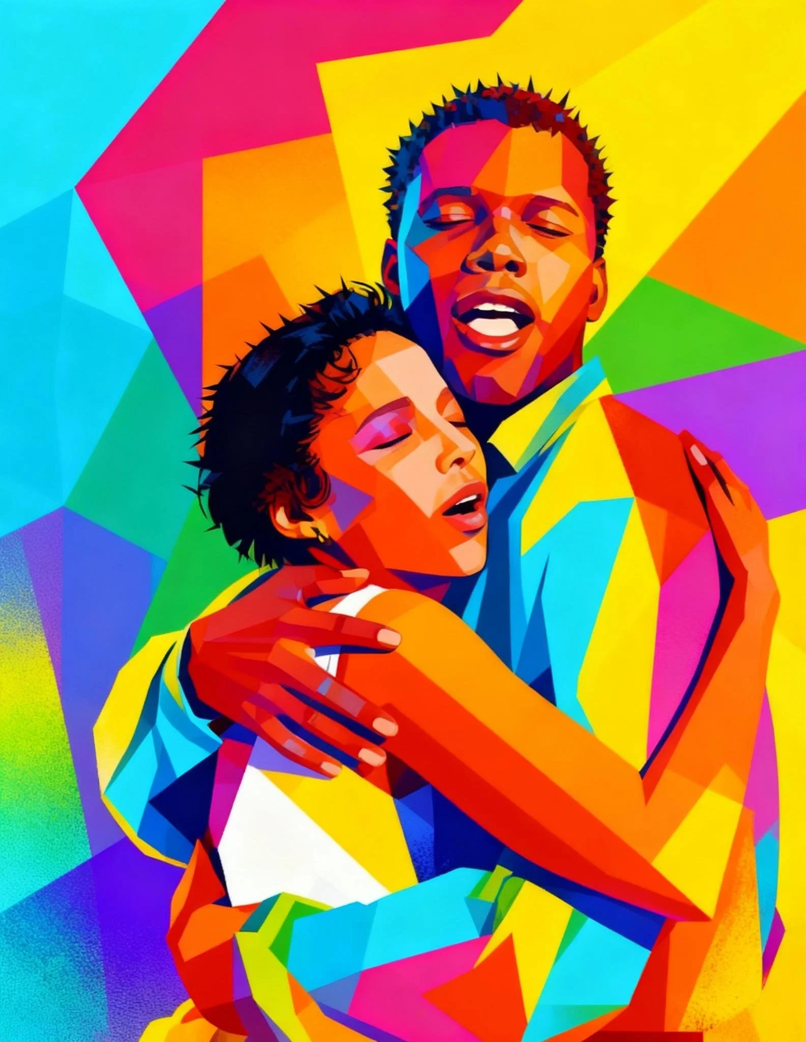 Colorful digital artwork of a person with a joyful expression embracing another person with eyes closed, set against a vibrant, geometric background.