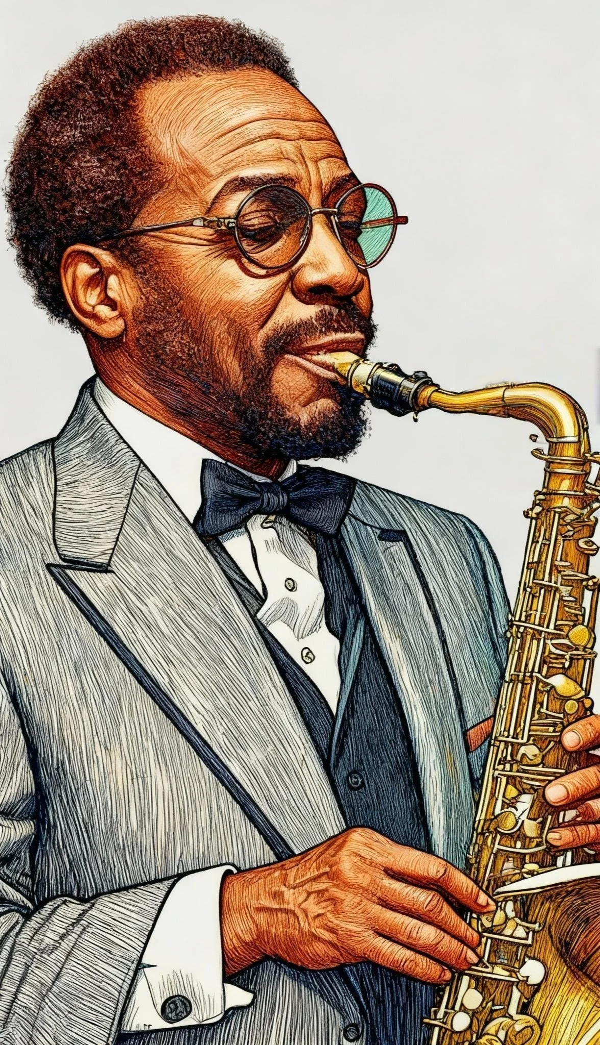 Cartoon-style illustration of a man playing a saxophone, dressed in a tuxedo with a bow tie and glasses.