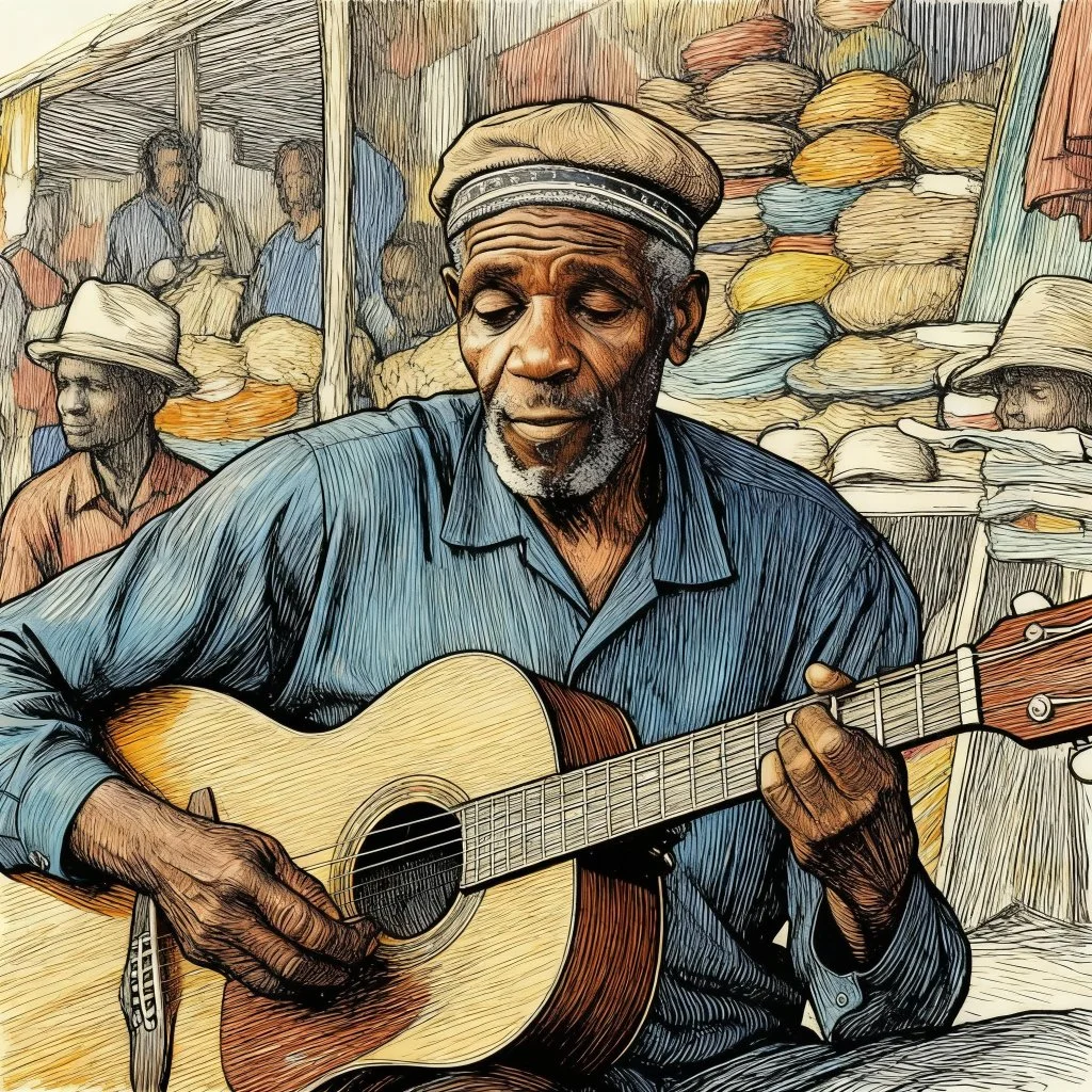 An elderly man playing an acoustic guitar at a market stall, with other people in the background and stacks of hats and textiles behind him.
