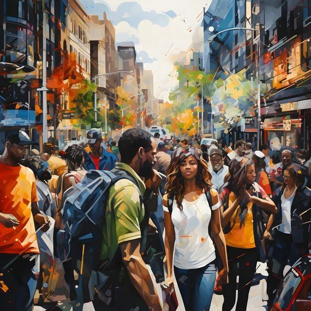 Painting of a busy city street filled with diverse people walking, shopping, talking, with tall buildings and colorful autumn trees.