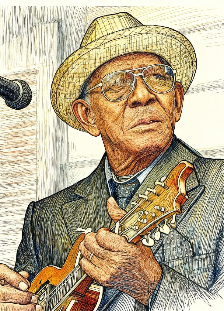 An elderly man wearing glasses and a straw hat, dressed in a suit with a collared shirt and tie, is playing a stringed instrument, possibly a mandolin, while standing in front of a microphone.