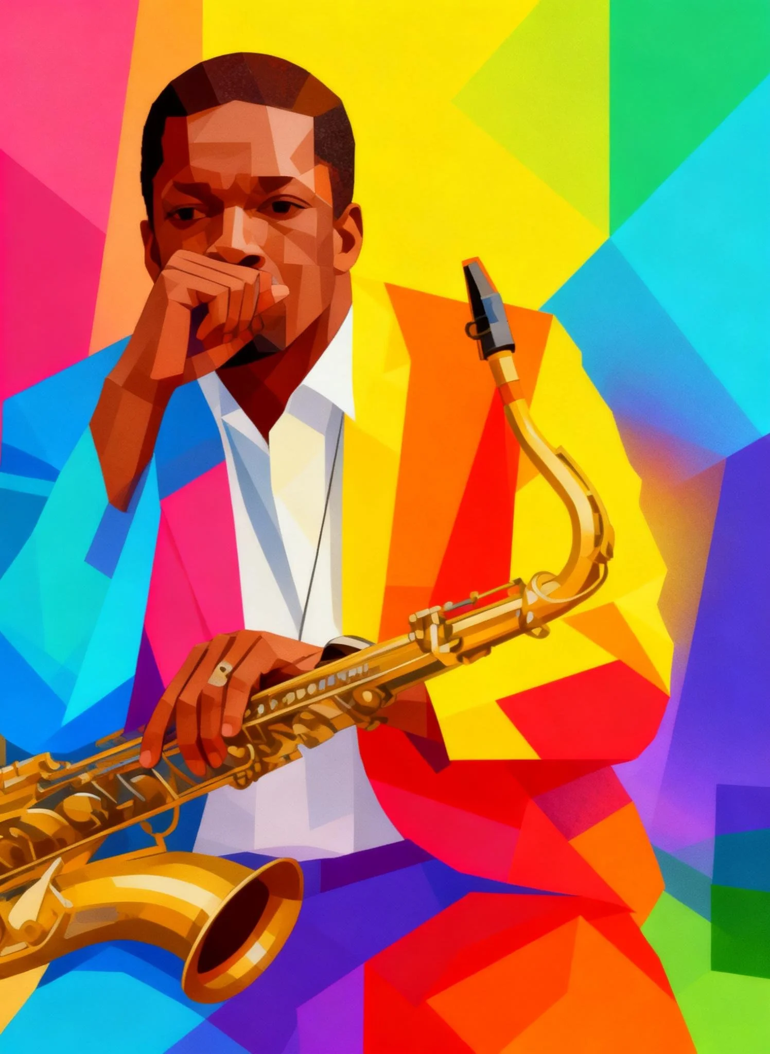 A colorful digital illustration of a man playing a saxophone, with a vibrant geometric background.