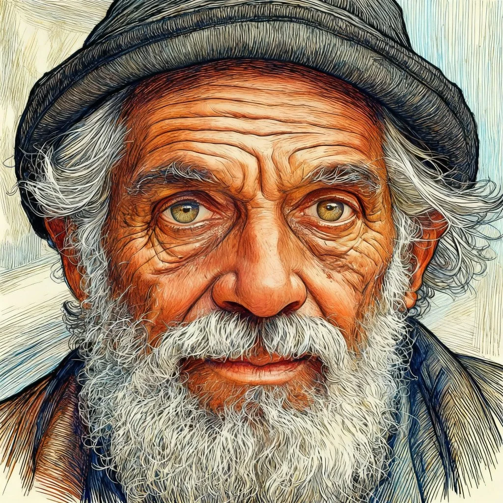 Digital painting of an elderly man with a gray beard, wearing a dark hat, with detailed facial features and intense eyes.