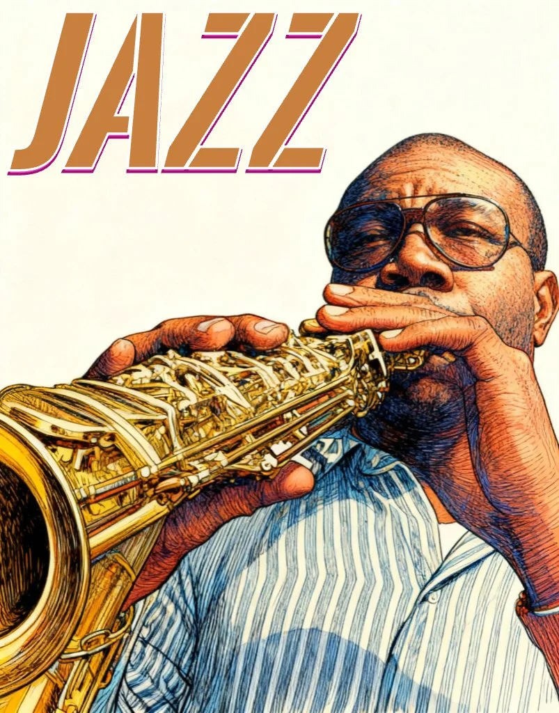 Illustration of a person playing a saxophone, with the word 'JAZZ' in large, stylized letters in the upper left corner.