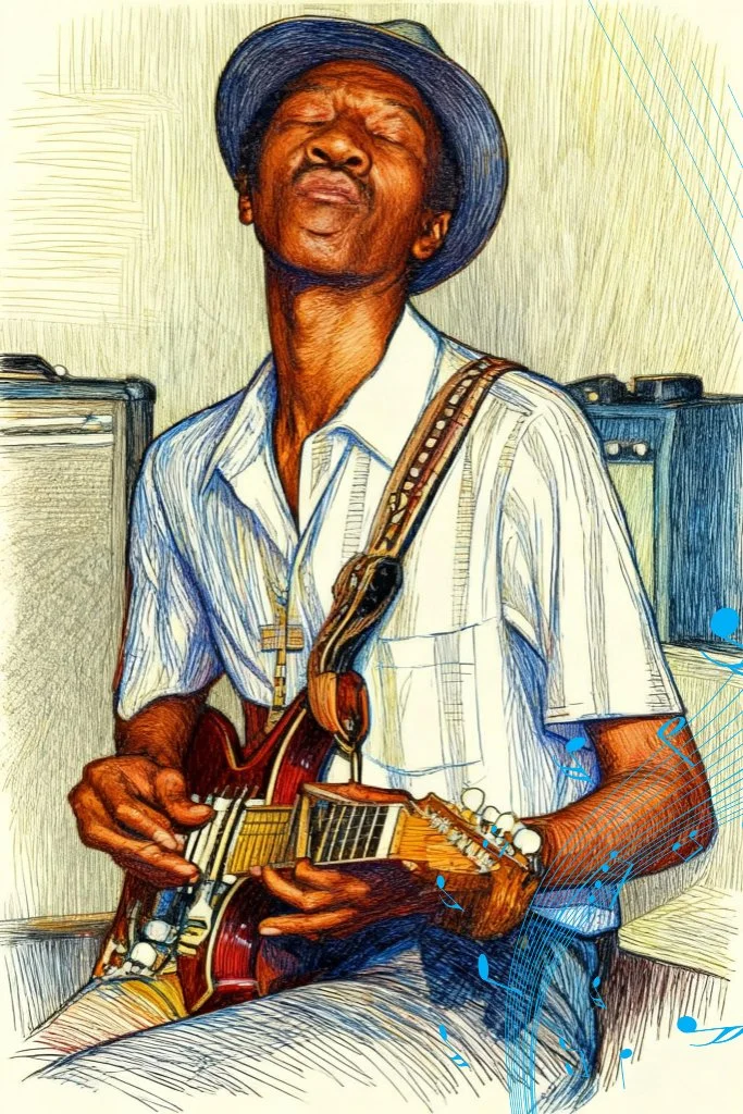 A man with a fedora hat playing an electric guitar, wearing a short sleeve shirt, with amplifiers in the background, depicted in a stylized artistic manner.