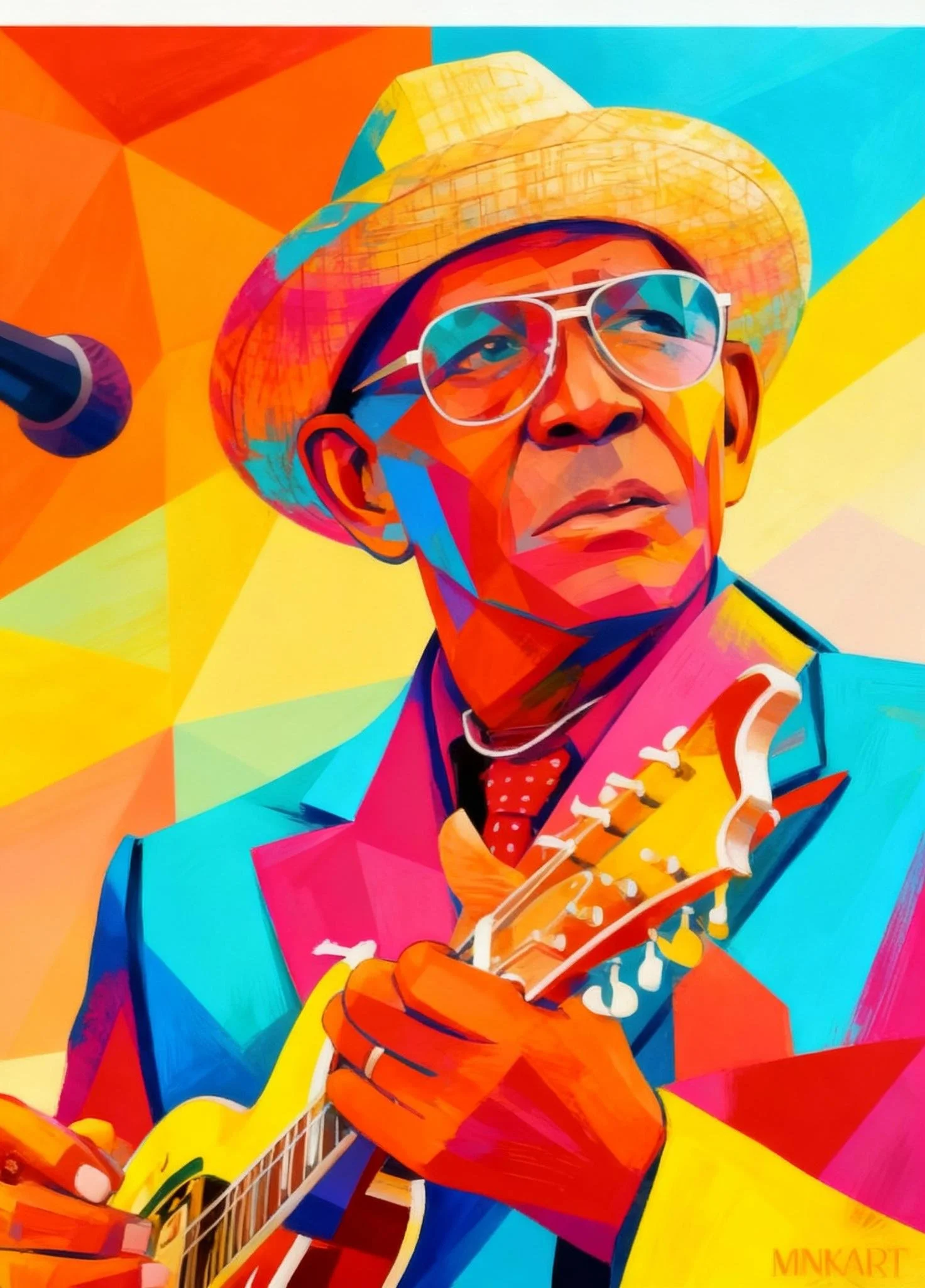 Colorful geometric style mural of a man wearing glasses, a hat, and a suit, playing a guitar.