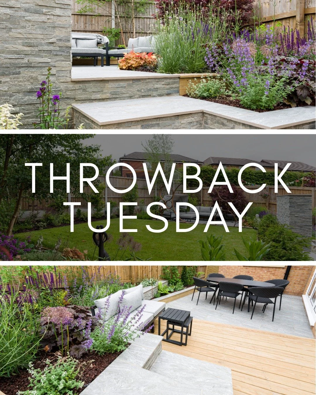 The brief was all about turning a standard lawn into a multi-tier garden made for both hosting and relaxing.

Peter connected the lower dining deck to an elevated paved patio with wide, split-face stone steps. Striking corten steel rings divide the o