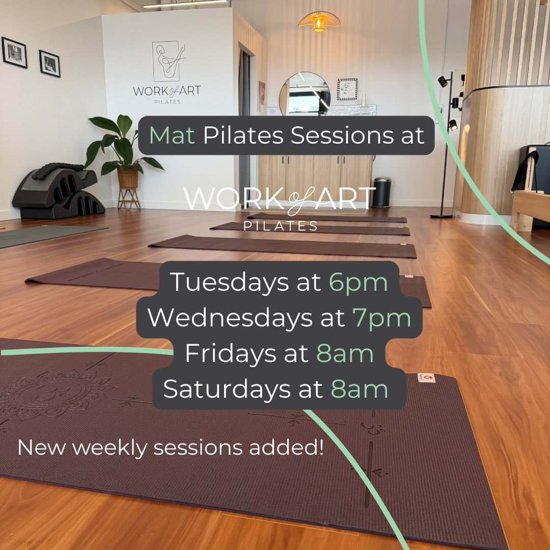 Due to popular demand, we are adding new weekly Mat Pilates sessions at Work of Art Pilates!🧘🏾🧘🏻&zwj;♀️🧘🏼&zwj;♂️🍃
 
Mat Pilates is Pilates performed on a mat, giving a strong focus on your technique as you utilise your own body weight and grav