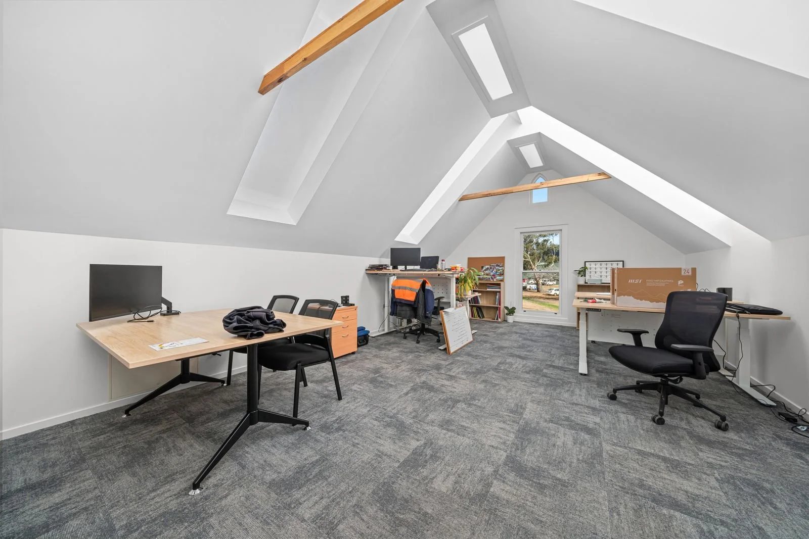 Office space with sloped ceiling, skylights, and a door leading outside. Contains two desks with chairs, monitors, a whiteboard, bookshelves, and potted plants.