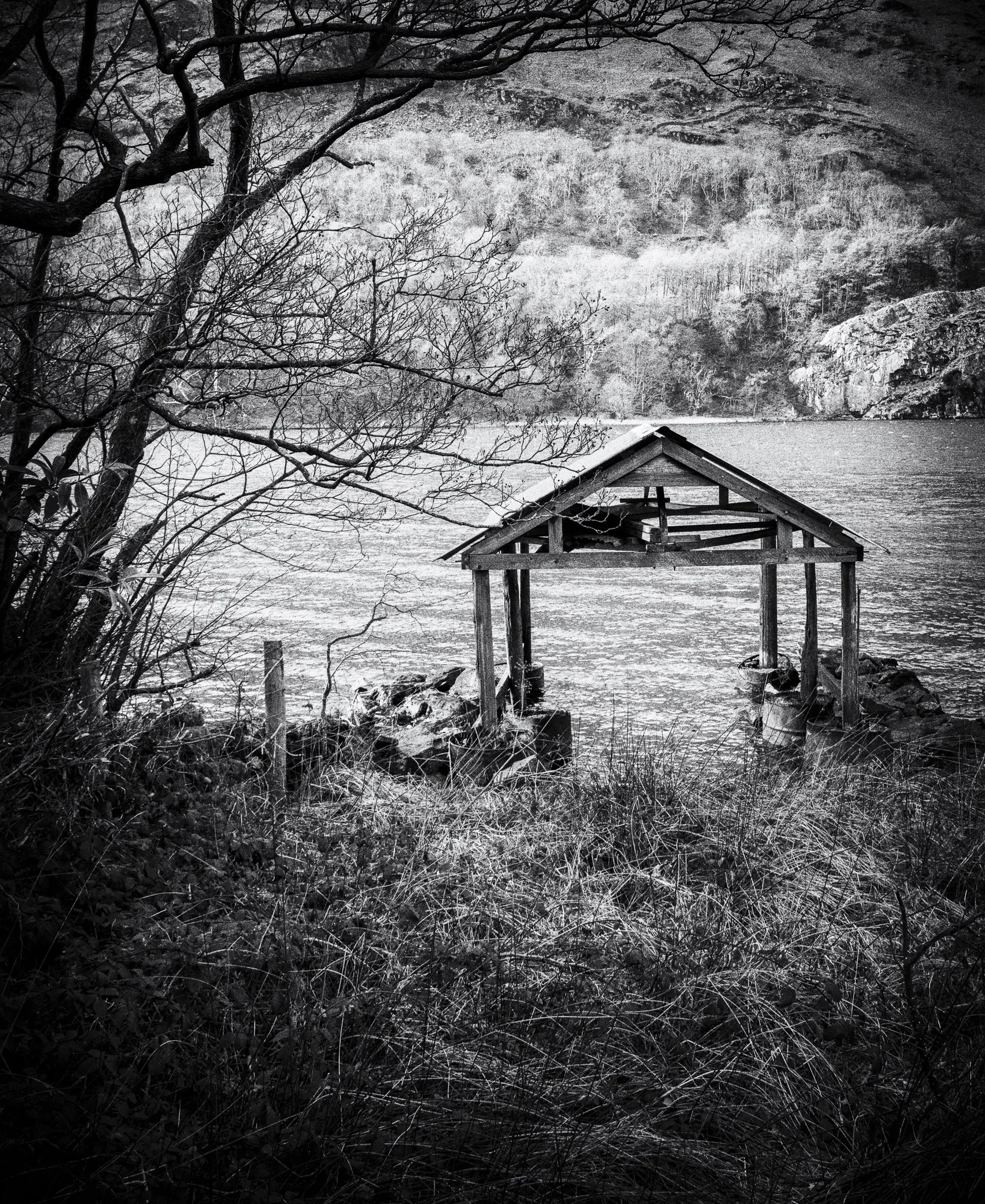 Black and white photo of a wooden boat dock by a river with dry grass in the foreground, leafless trees on the left, and hills in the background.