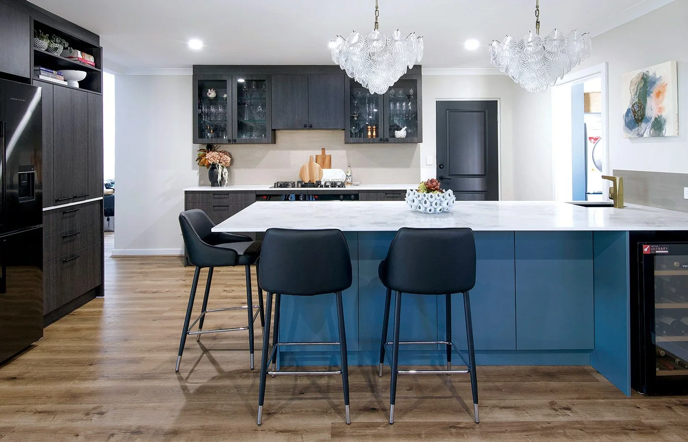 Blue, black and white kitchen