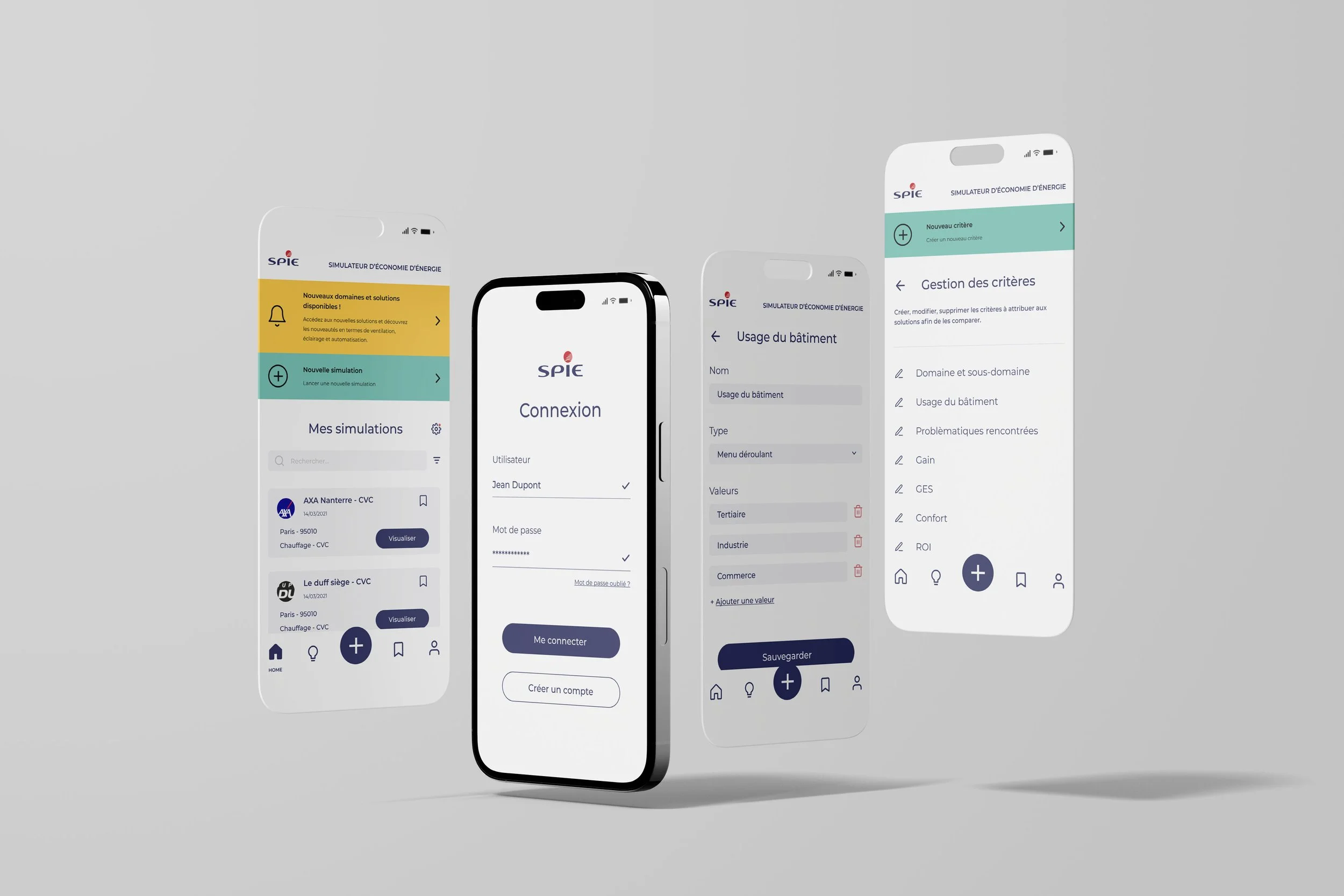 Mockup de téléphone montrant les fonctionnalité de l'application de SPIE, simulateur d'économie d'énergie