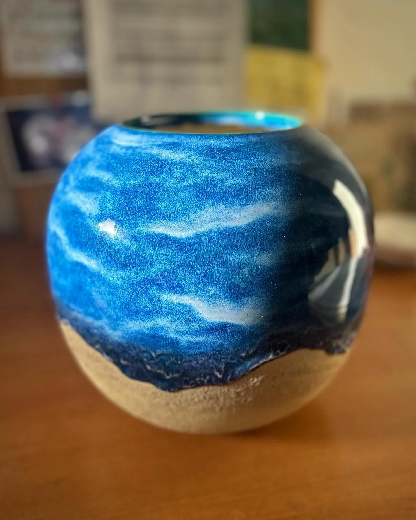 Just out of the kiln, this new, large Ocean vase is inspired by the coast of Aqaba and the Dead Sea. It has a textured salty/sandy base with many layers of various blues for the sea. PM for details #seainspiredceramics #handmadeceramics #designermake