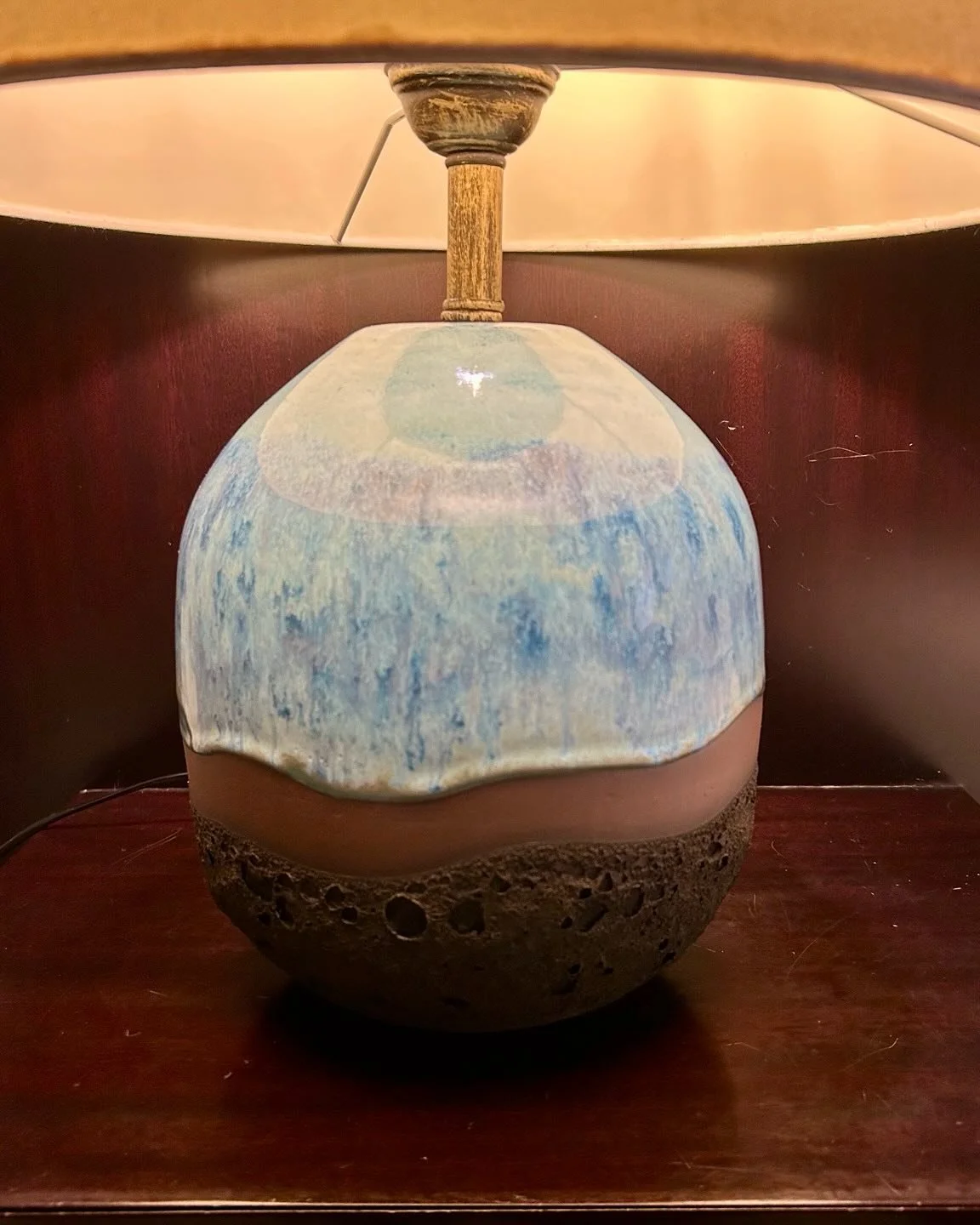 This table lamp was commissioned by the lovely Hazel. She asked for a large size, brown clay, blue mottled colours and textured black at the bottom. So happy with this! (A much better shade will be with it soon!). It is the first one I have made, so 