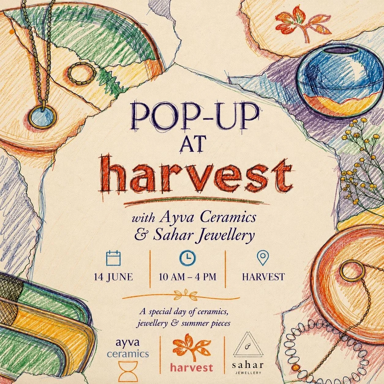 Come to my last Pop-Up in Jordan on Sunday the 14th June @harvest.jo with the amazing @saharjewelery. From 9am-4pm. Come see my ceramics and try on jewellery in the lovely atmosphere of Harvest 😊