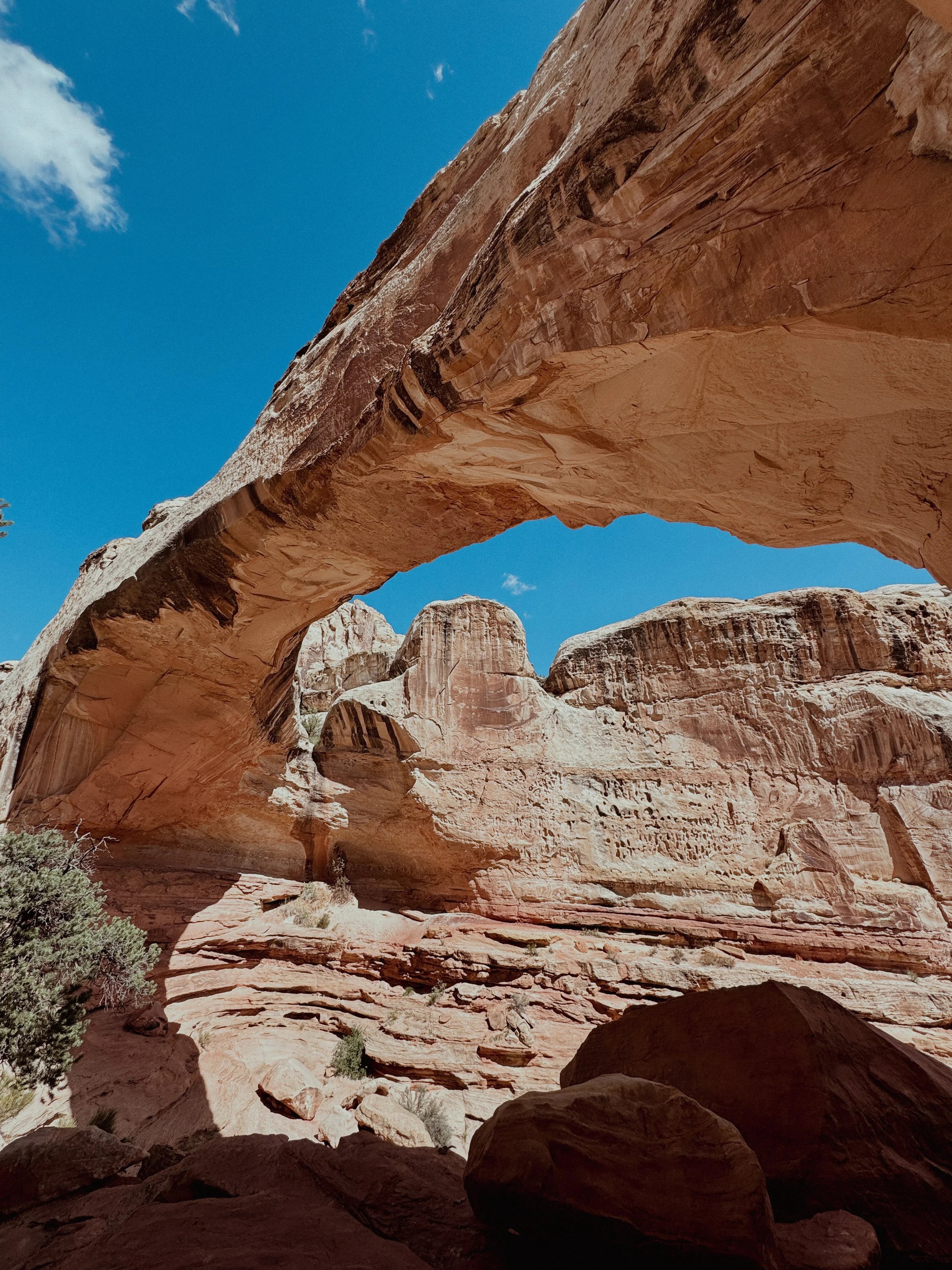 Red sandstone canyon with a natural rock arch over a rugged landscape, blue sky with a few clouds.