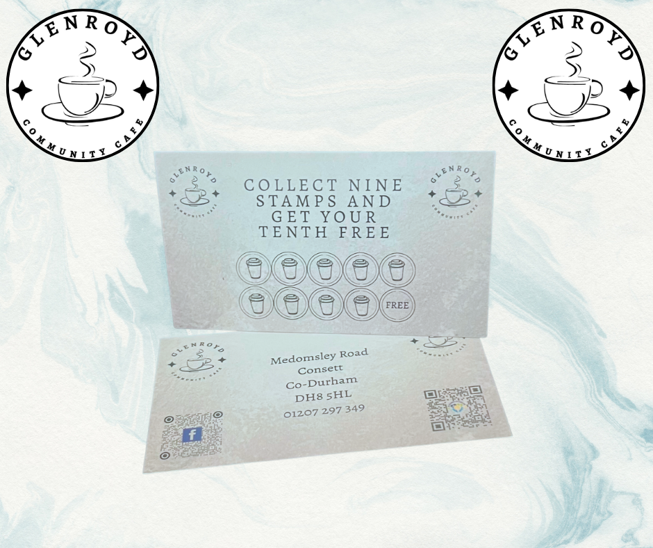 A flyer from Glenroyd Community Cafe promoting a stamp collection offer for a free tenth coffee. The flyer features the cafe's logo with a steaming cup and details about the location and contact information.