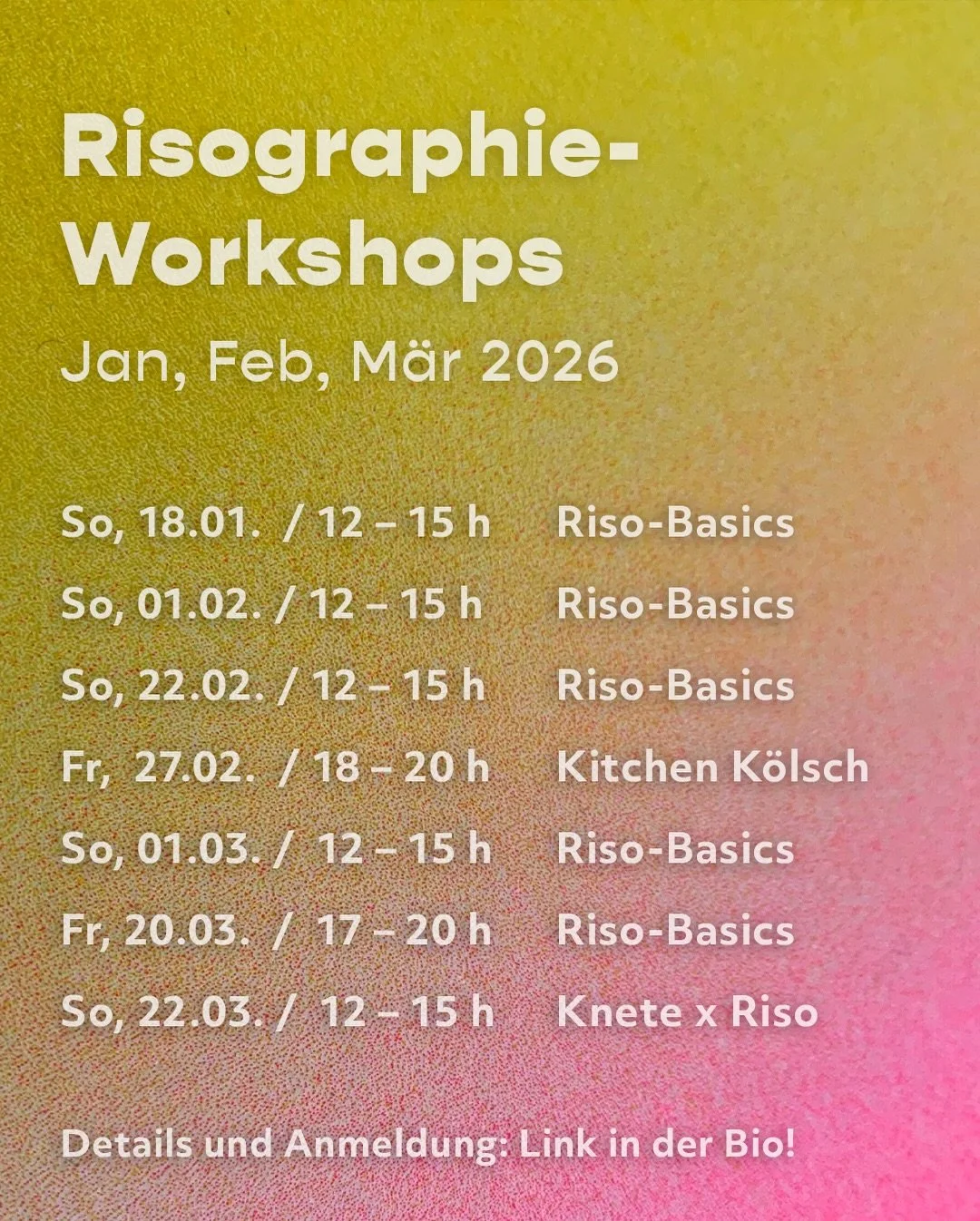 Die aktuellen Risographie-Workshop Termine f&uuml;r Januar bis M&auml;rz 🖨️ 🌈 

Drei unterschiedliche Formate:

RISO BASICS 🤓 
Das nachhaltigste und charmanteste Druckverfahren von Grund auf kennenlernen 

KITCHEN K&Ouml;LSCH 🍻 
Gesellige Runde m