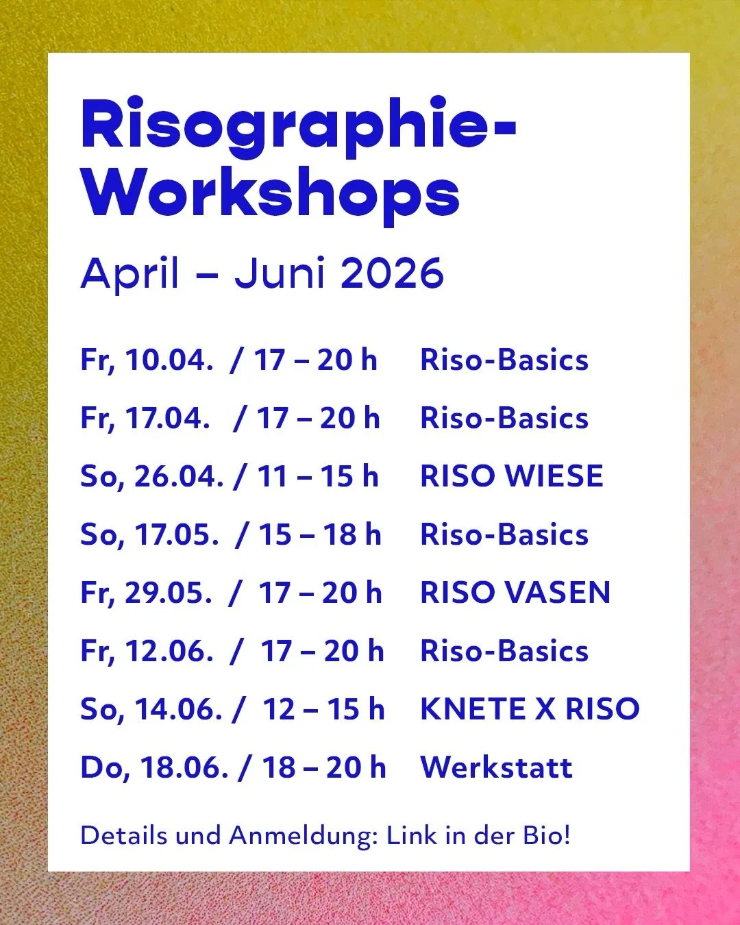 Die aktuellen Risographie-Workshop Termine f&uuml;r April bis Juni 🖨️ 🌈 

F&uuml;nf unterschiedliche Formate:

RISO BASICS 🤓 
Das nachhaltigste und charmanteste Druckverfahren von Grund auf kennenlernen 

RISO WIESE 🌷 
Ein botanischer Risographie