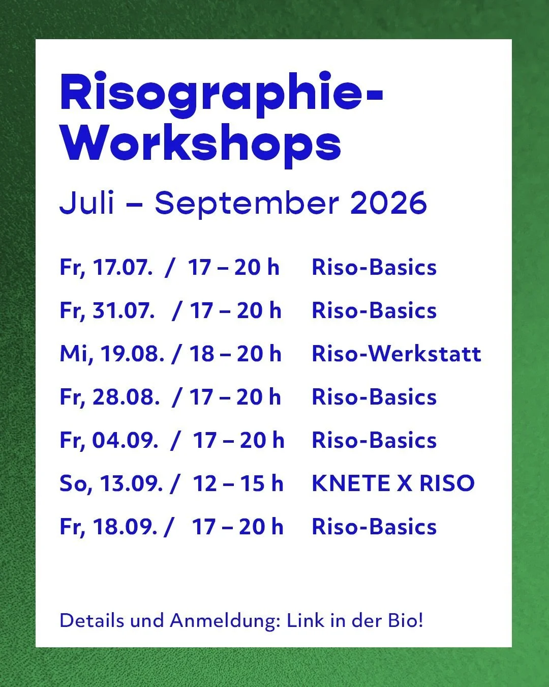 Die neuen Riso-Workshop-Termine f&uuml;r Juli bis September 🖨️ 🌈 🌱 

Kreative Auszeit mit Freunden, Familie oder Kollegen mitten in K&ouml;ln-Ehrenfeld. 

Sichere dir jetzt einen der limitierten Pl&auml;tze auf www.risokitchen.de! Den Link findest