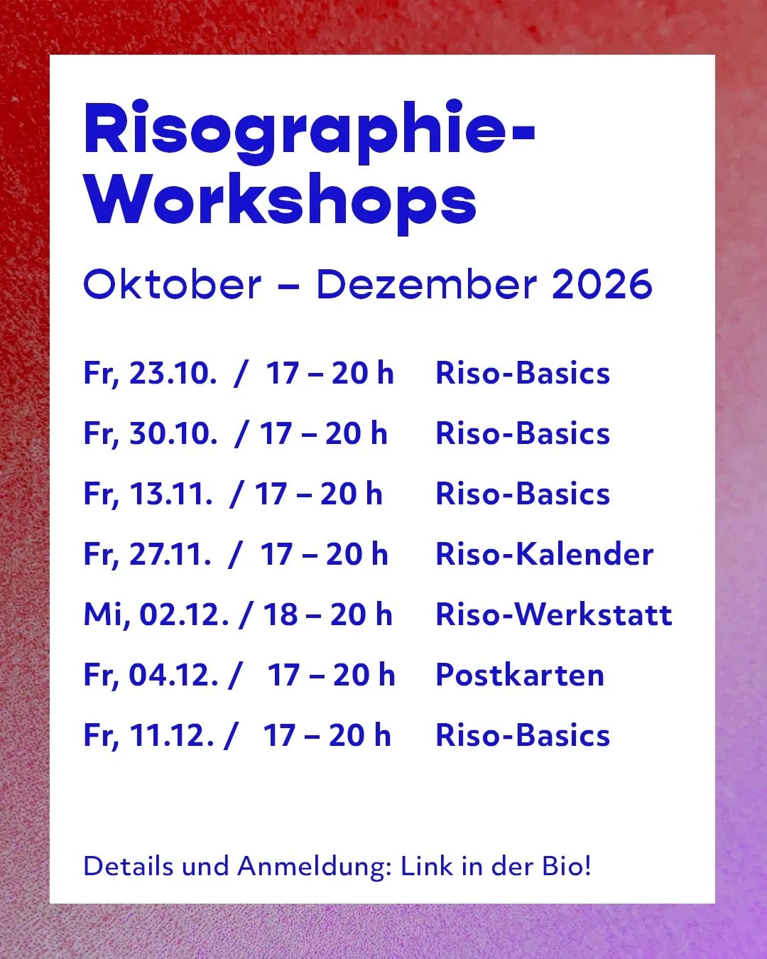 Workshoptermine Oktober bis Dezember 🍂 🕯️ ❄️ 

Alle Riso-Workshops finden statt im @studiokomplementaer in K&ouml;ln-Ehrenfeld. 

Sichere dir jetzt einen der limitierten Pl&auml;tze auf www.risokitchen.de! Link in der Bio. 

Risographie
Riso-Print
