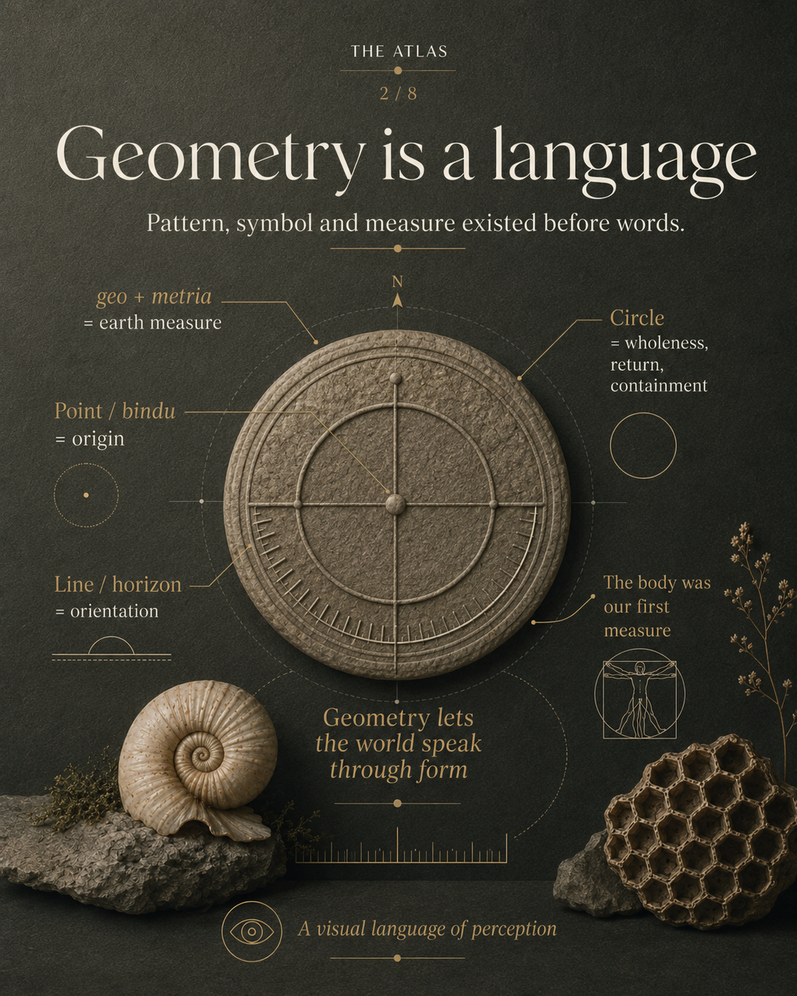 Information graphic about geometry showing a central circular stone with labeled sections explaining geometric concepts, surrounded by seashells, rocks, and plants, with decorative text and design elements.