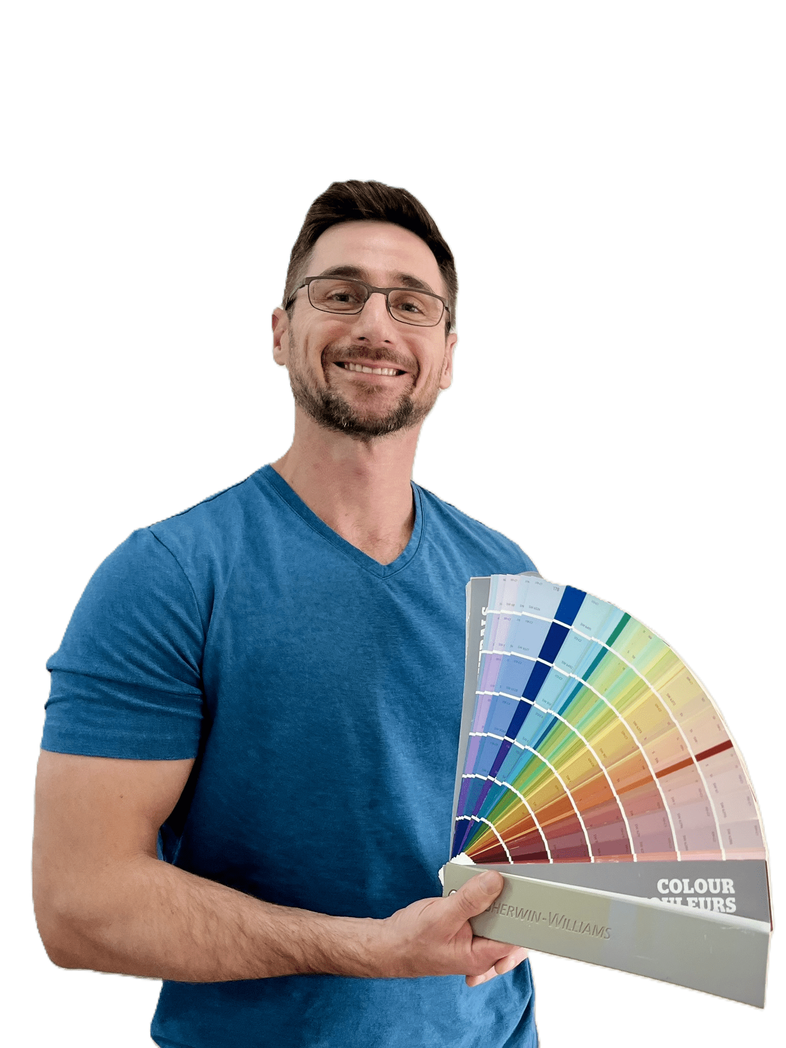 Devin, Owner and Lead Painter of McHale's Painting, smiling and holding a fan deck of color swatches.