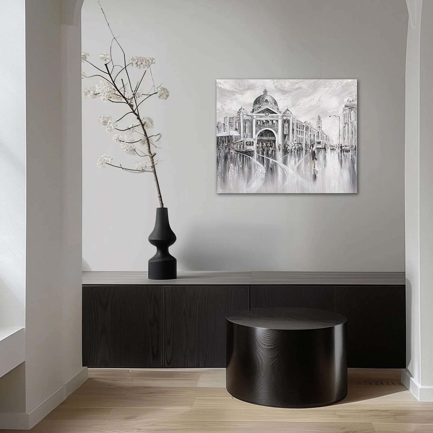Flinders in Monochrome - original painting release 🖤 
This is long overdue, I’m consistently growing my collection of black and white cityscapes as I know they suit most spaces! 
#melbourne #flinderstation #contemporaryart #modernart #art #p