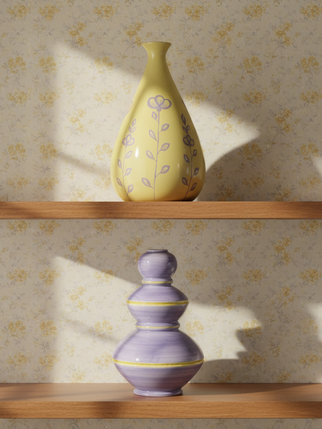 Two decorative vases on wooden shelves against a floral wallpaper background, sunlight casting shadows.