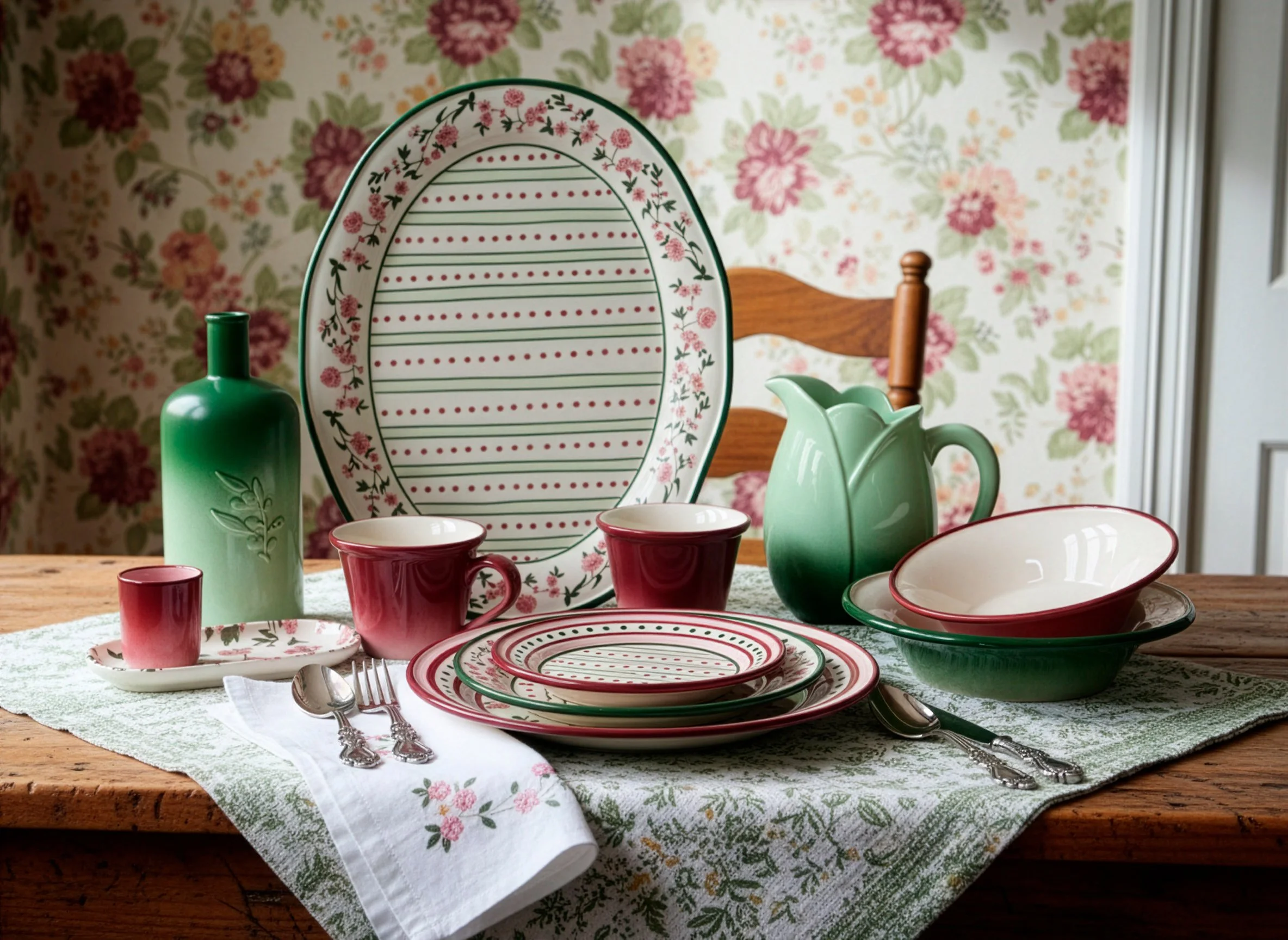 A rustic wooden table set with floral-patterned dinnerware, including plates, bowls, mugs, a green pitcher, and a decorative bottle, arranged on a green and white tablecloth with a floral background.