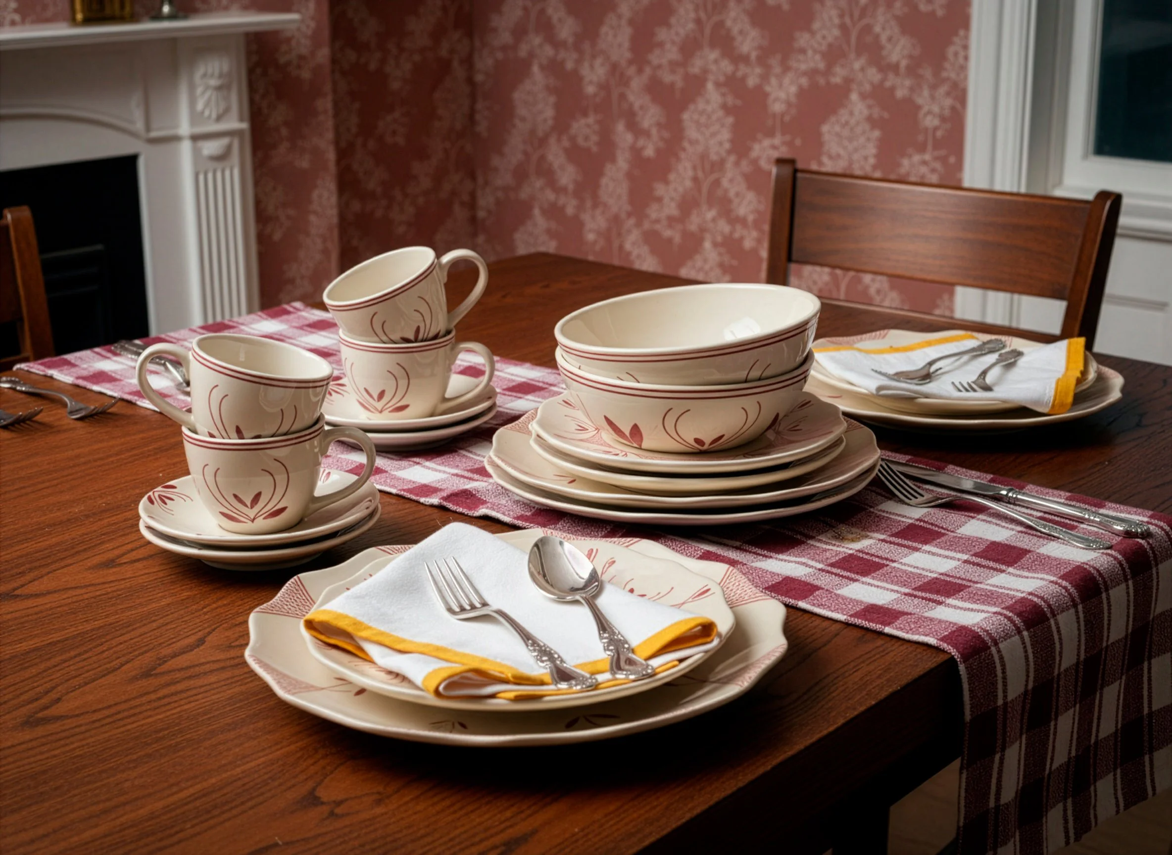 A dining table set with cream-colored dishes, cups, and bowls with red floral patterns, arranged with white napkins, silverware, and a red and white checkered table runner in a room with pink floral wallpaper.